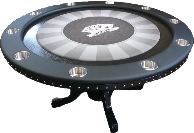 Round poker table with custom playing surface cloth.